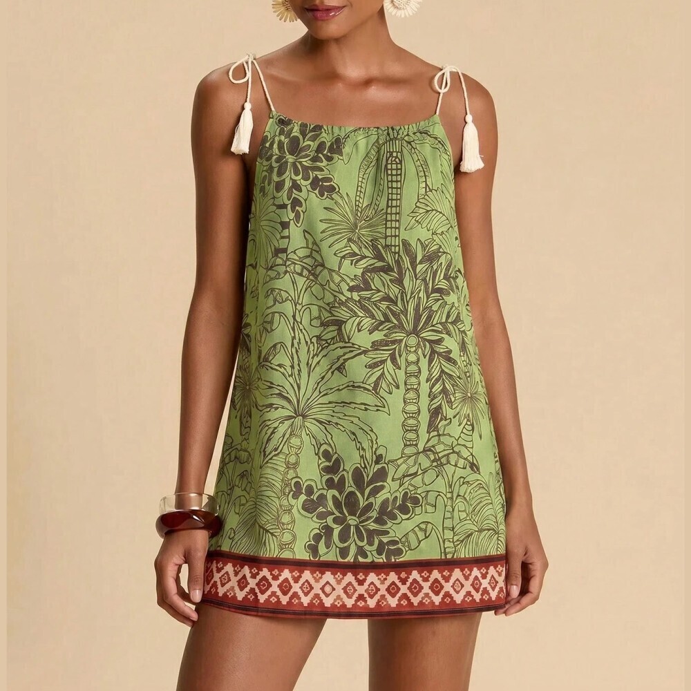 Green Palm Tree Print Tie Strap Tassel Mini Cover Up Dress